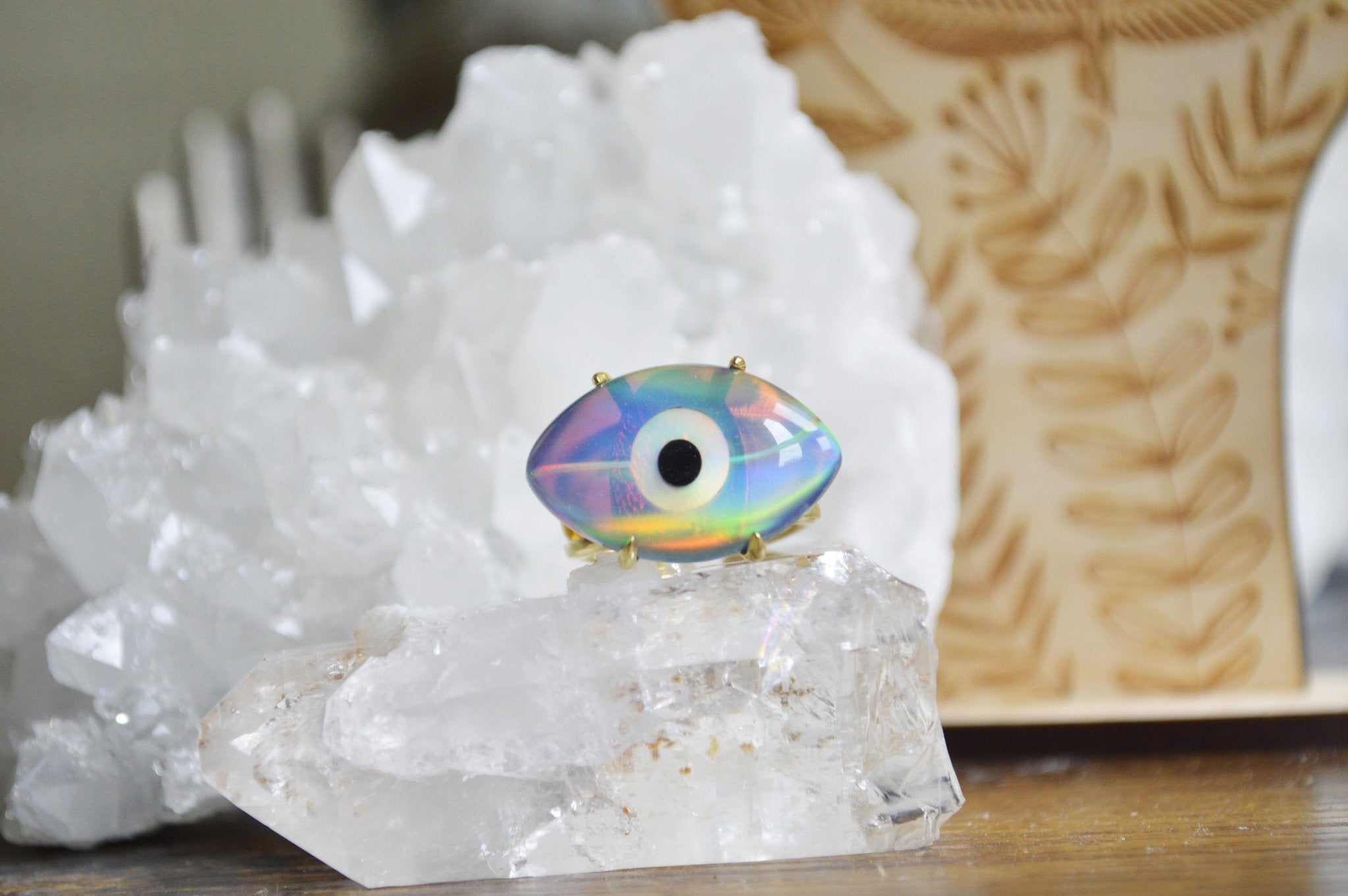 Quartz and Dark Aura Opal Evil Eye Brass Ring - We Love Brass