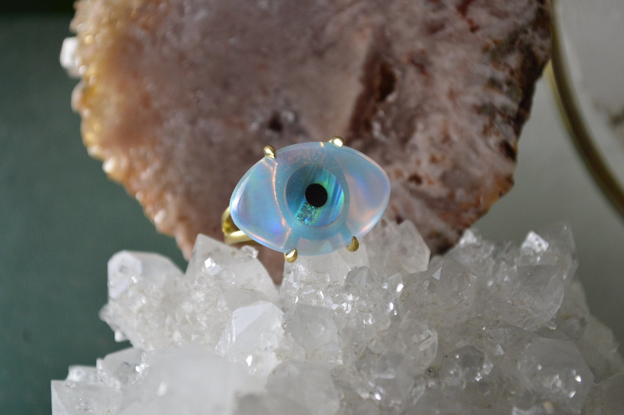 Quartz and Opalite Evil Eye Brass Ring - We Love Brass
