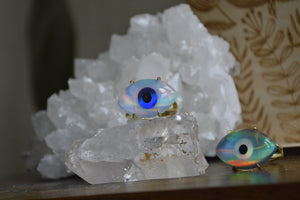 Quartz and White Aura Opal Evil Eye Brass Ring - We Love Brass