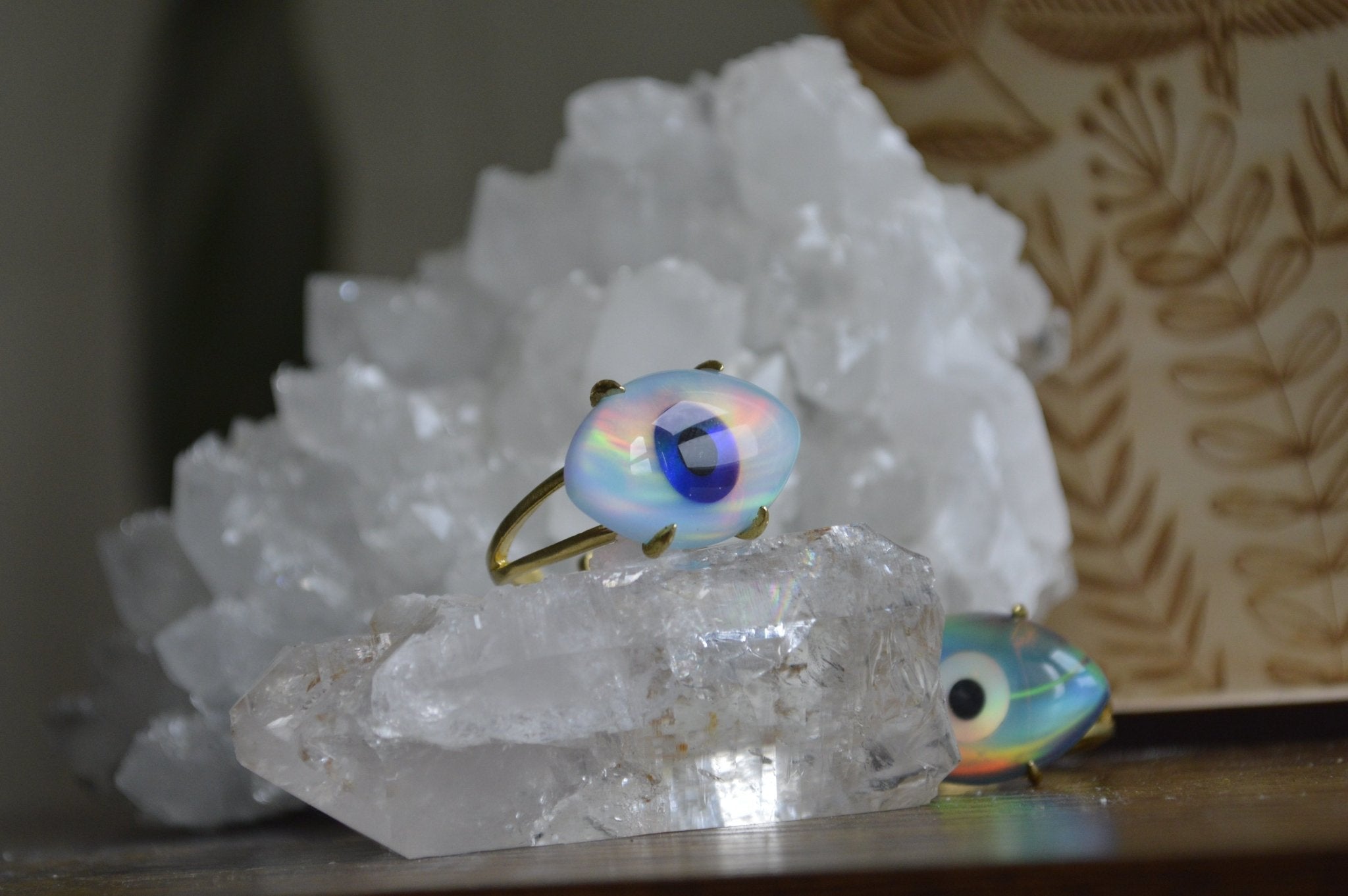 Quartz and White Aura Opal Evil Eye Brass Ring - We Love Brass