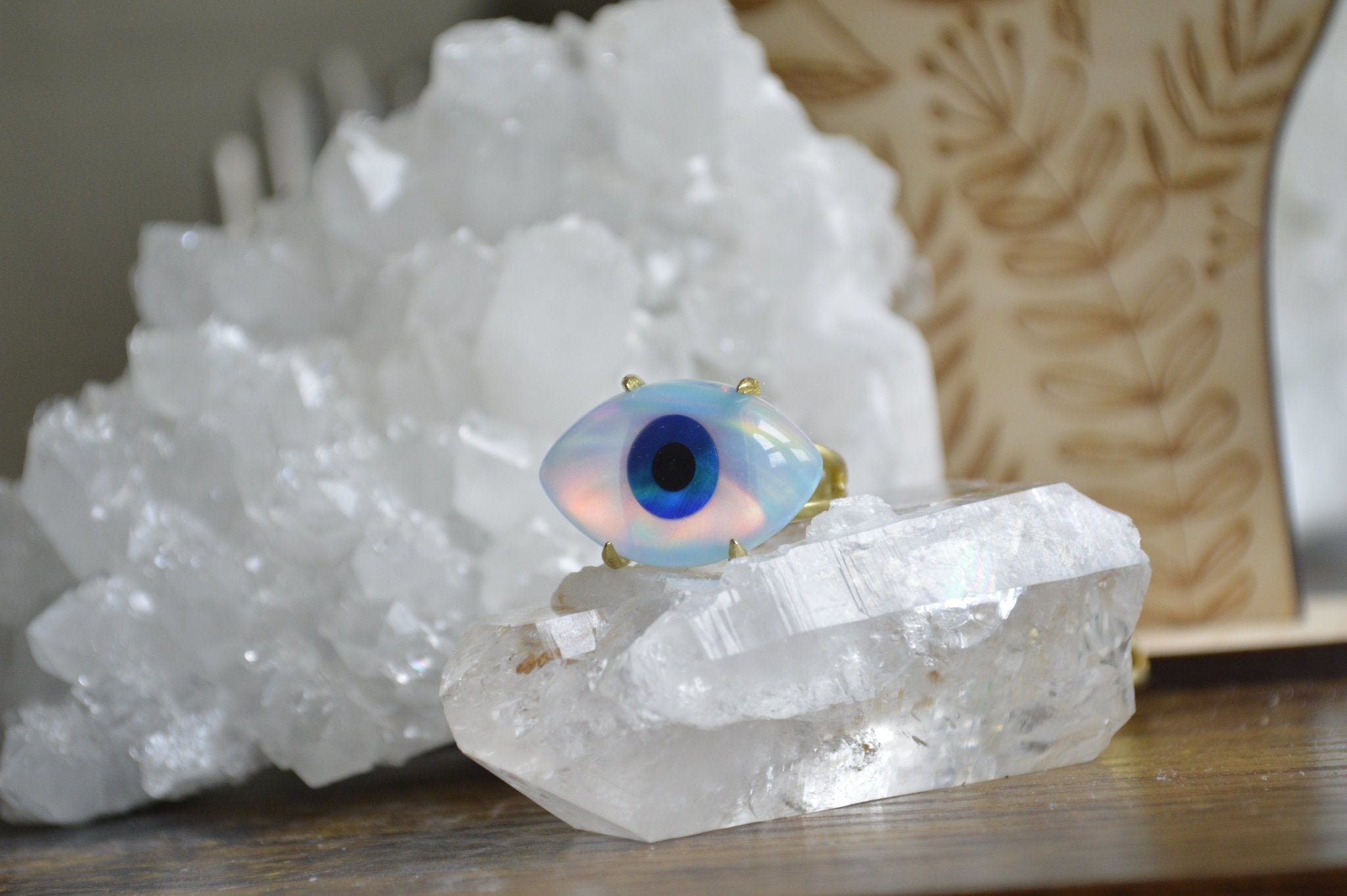 Quartz and White Aura Opal Evil Eye Brass Ring - We Love Brass