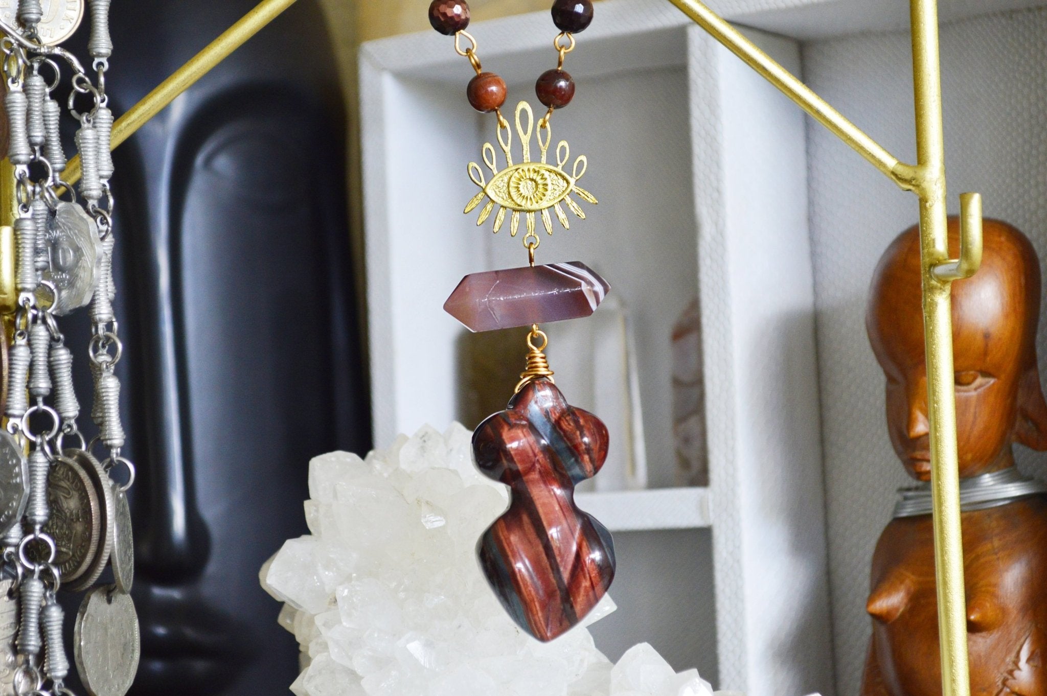 Red Eyed Goddess - Red Tiger's Eye and Botswana Agate Necklace Set - We Love Brass