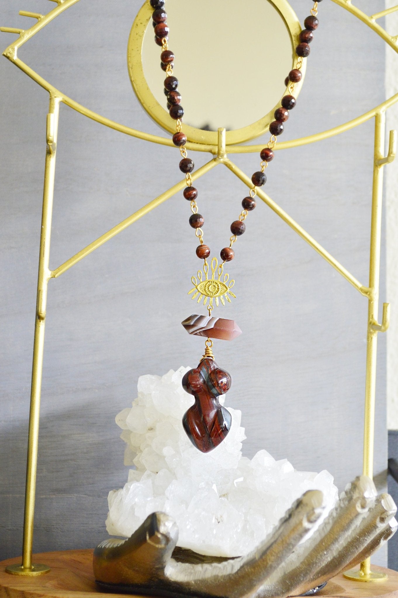 Red Eyed Goddess - Red Tiger's Eye and Botswana Agate Necklace Set - We Love Brass