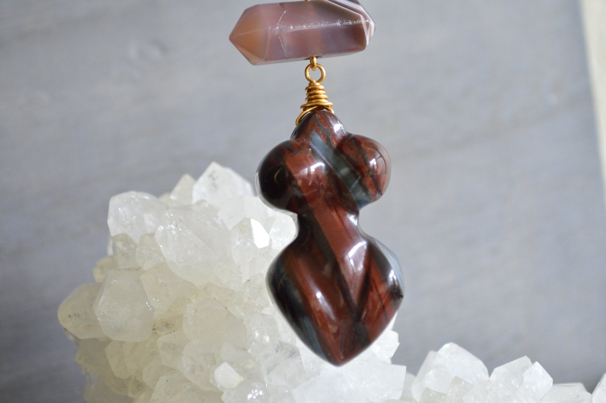Red Eyed Goddess - Red Tiger's Eye and Botswana Agate Necklace Set - We Love Brass