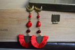 Cargar imagen en el visor de la galería, Red Plume Earrings - Red Coral and Vintage Glass Earrings - We Love Brass
