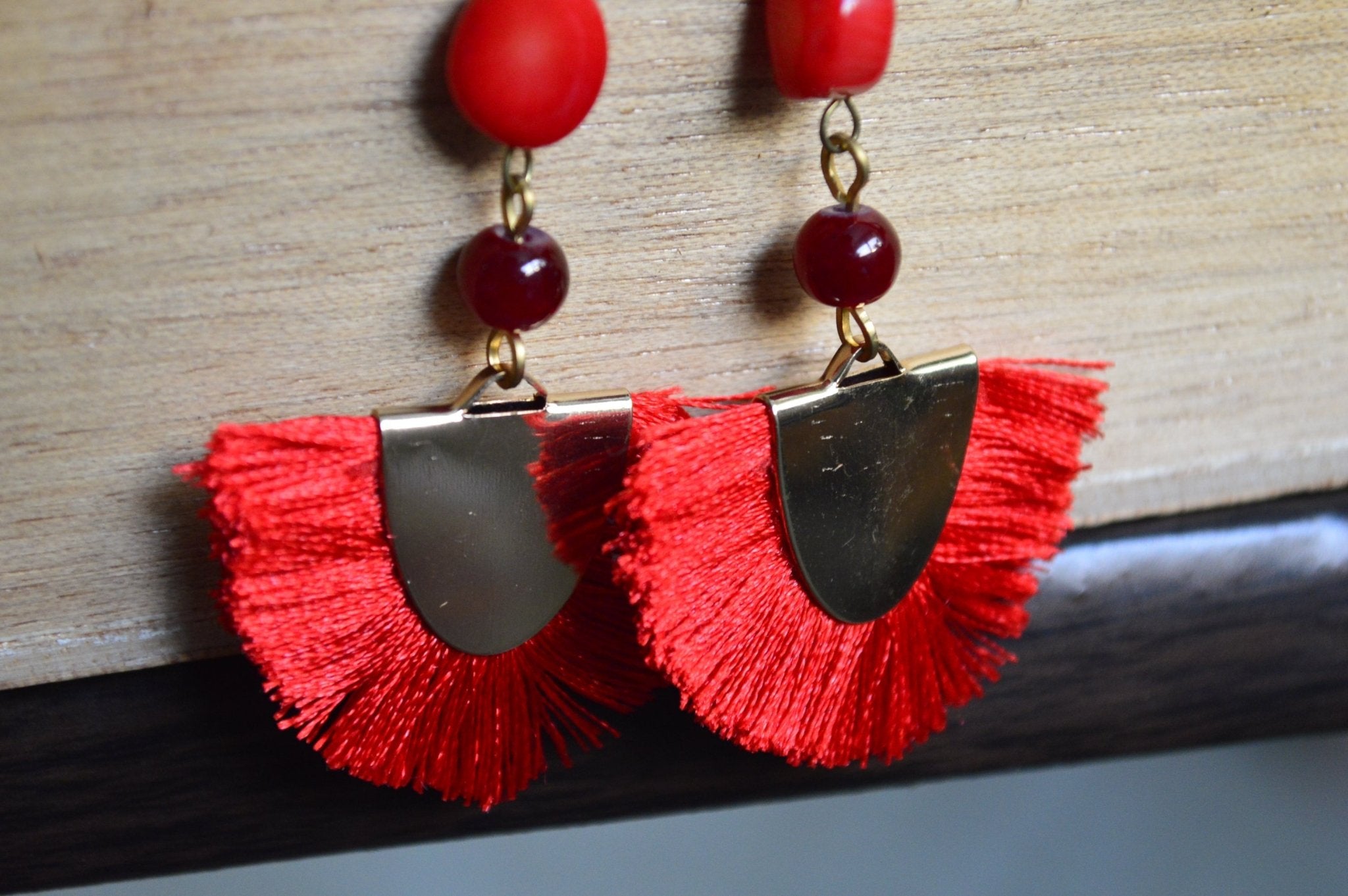 Red Plume Earrings - Red Coral and Vintage Glass Earrings - We Love Brass