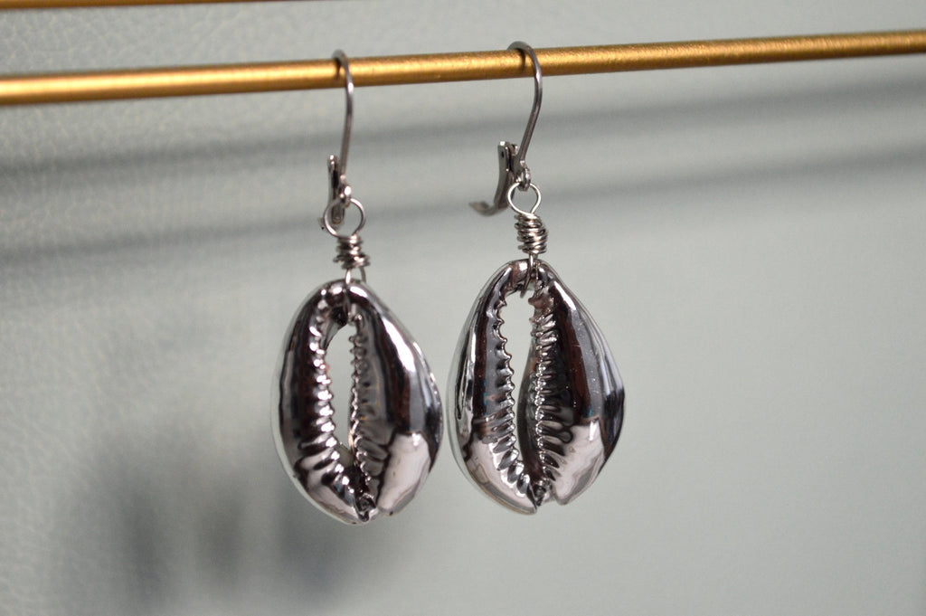 Rhodium Plated Cowrie Shell Earrings - We Love Brass
