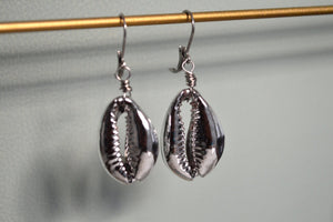 Rhodium Plated Cowrie Shell Earrings - We Love Brass