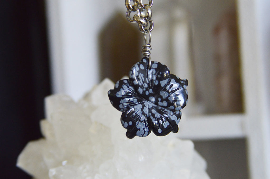 Snowflake Obsidian Flower Necklace - We Love Brass