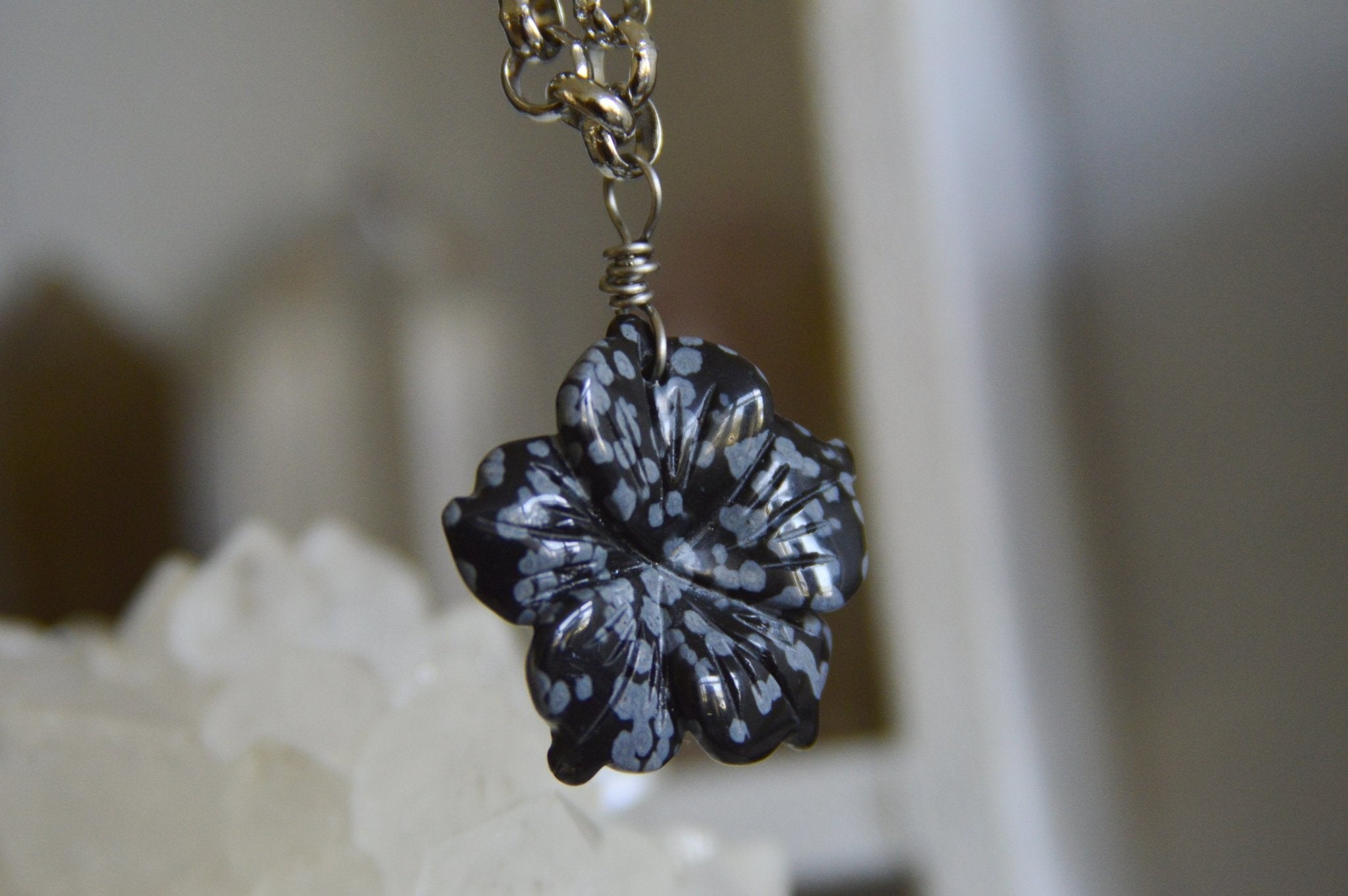 Snowflake Obsidian Flower Necklace - We Love Brass