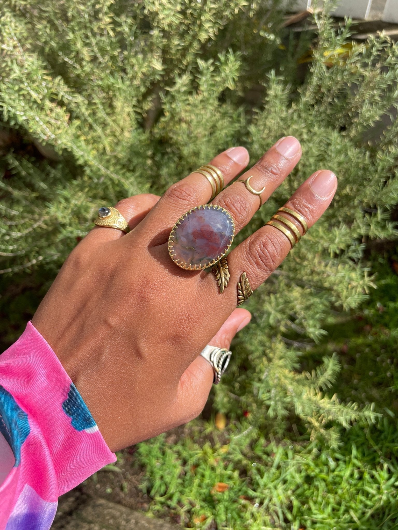 Softly - Rose and Lilac Colored Brass Moss Agate Ring - We Love Brass