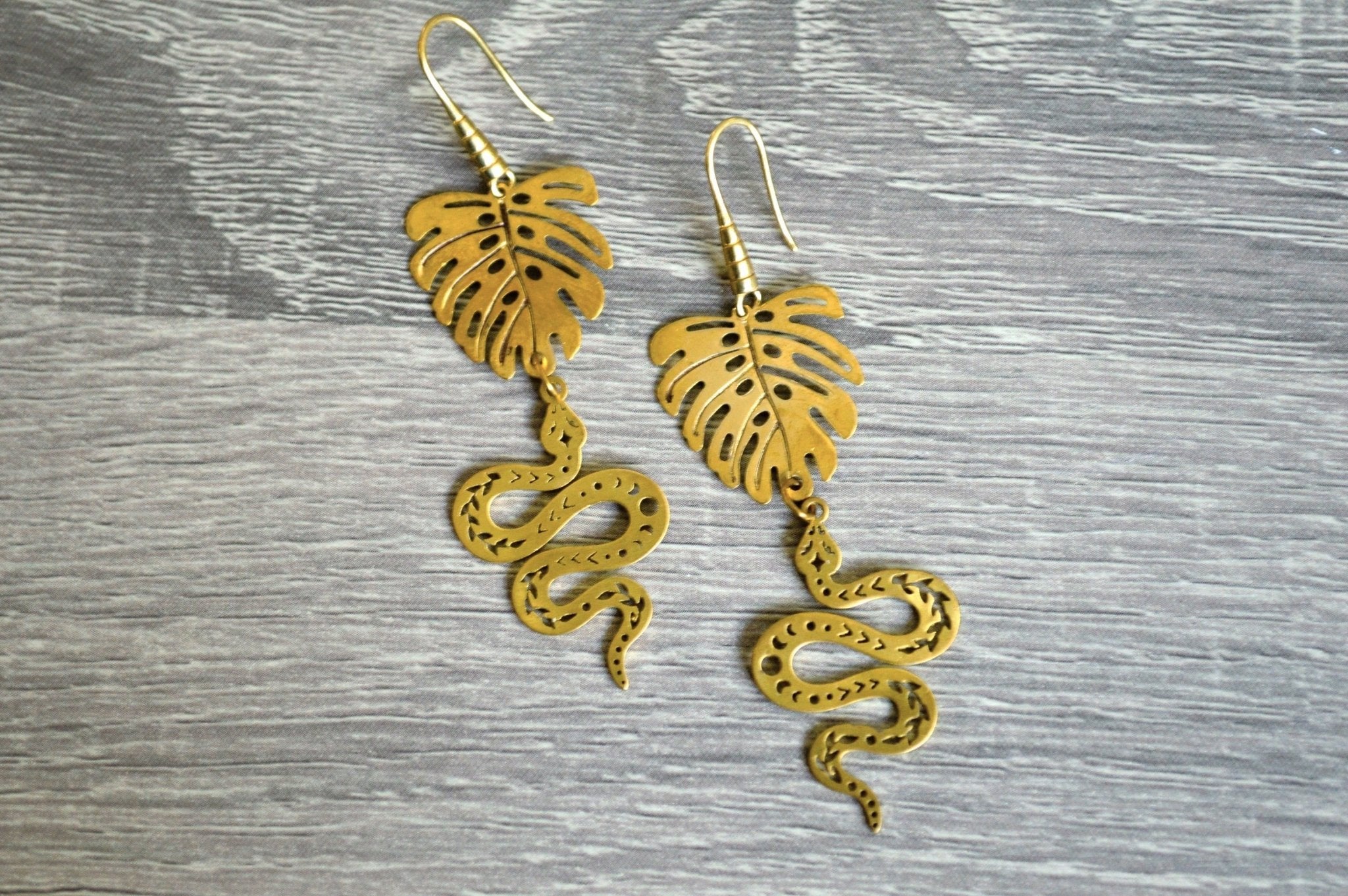 Sombre - Brass Monstera and Snake Earrings - We Love Brass