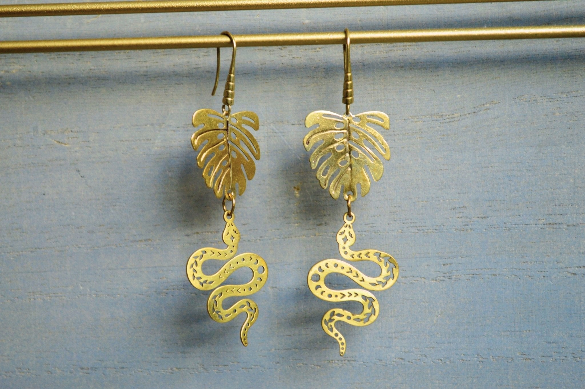 Sombre - Brass Monstera and Snake Earrings - We Love Brass