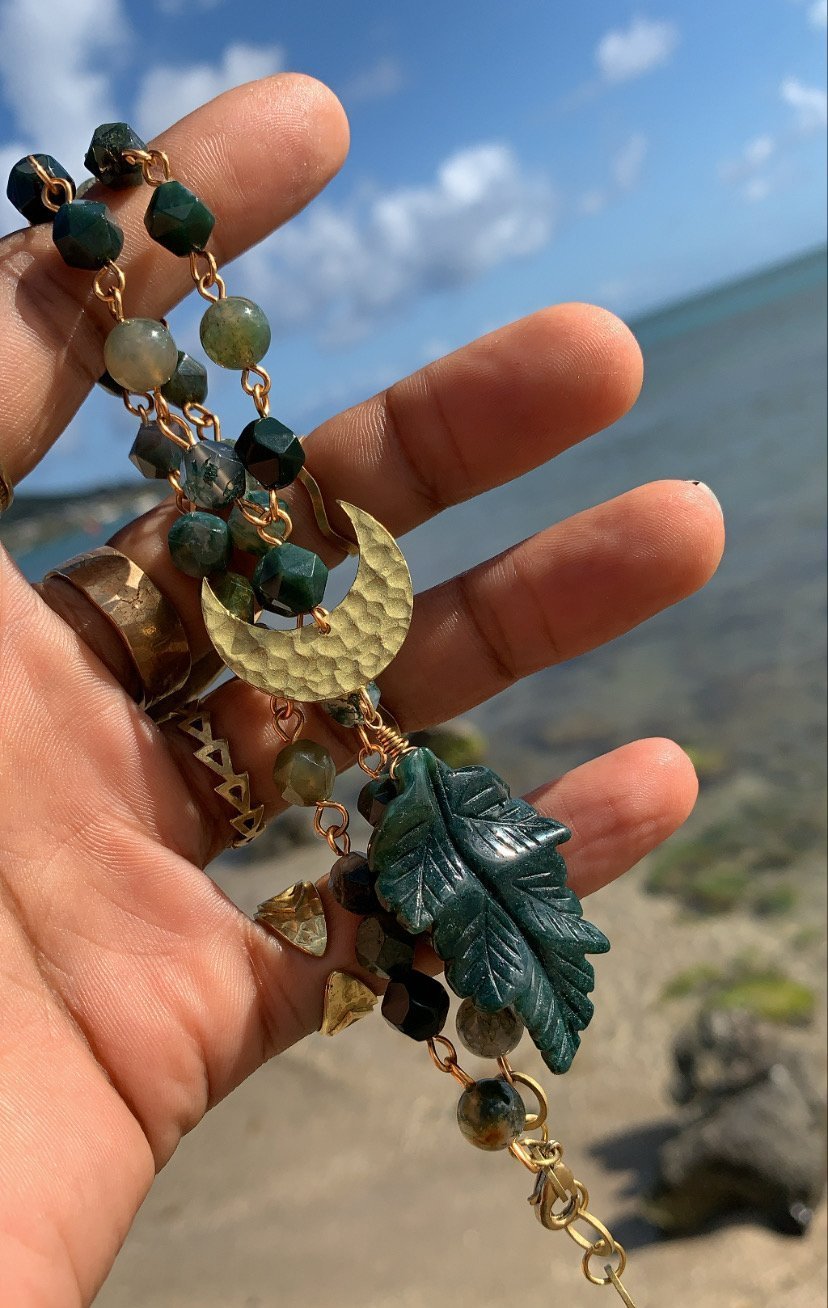 The Depths - Moss Agate Leaf Necklace Set - We Love Brass