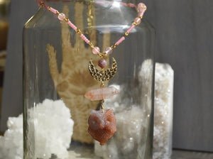 The Golden Hour - Pink Moss Agate Night Owl Necklace - We Love Brass