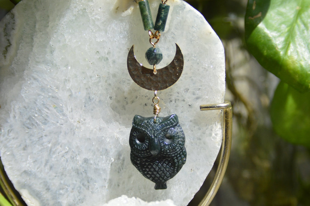 The Midnight Oil Moss Agate Owl Necklace Set - We Love Brass