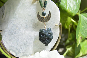 The Midnight Oil Moss Agate Owl Necklace Set - We Love Brass