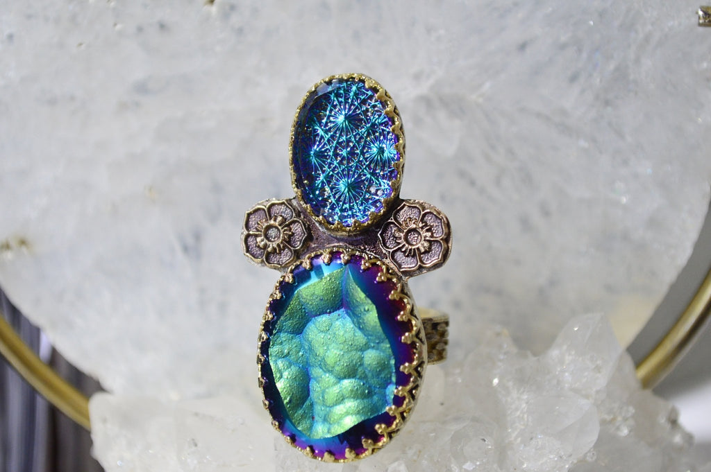 Titanium Botryoidal Agate Crystal and Glass Brass Ring - We Love Brass
