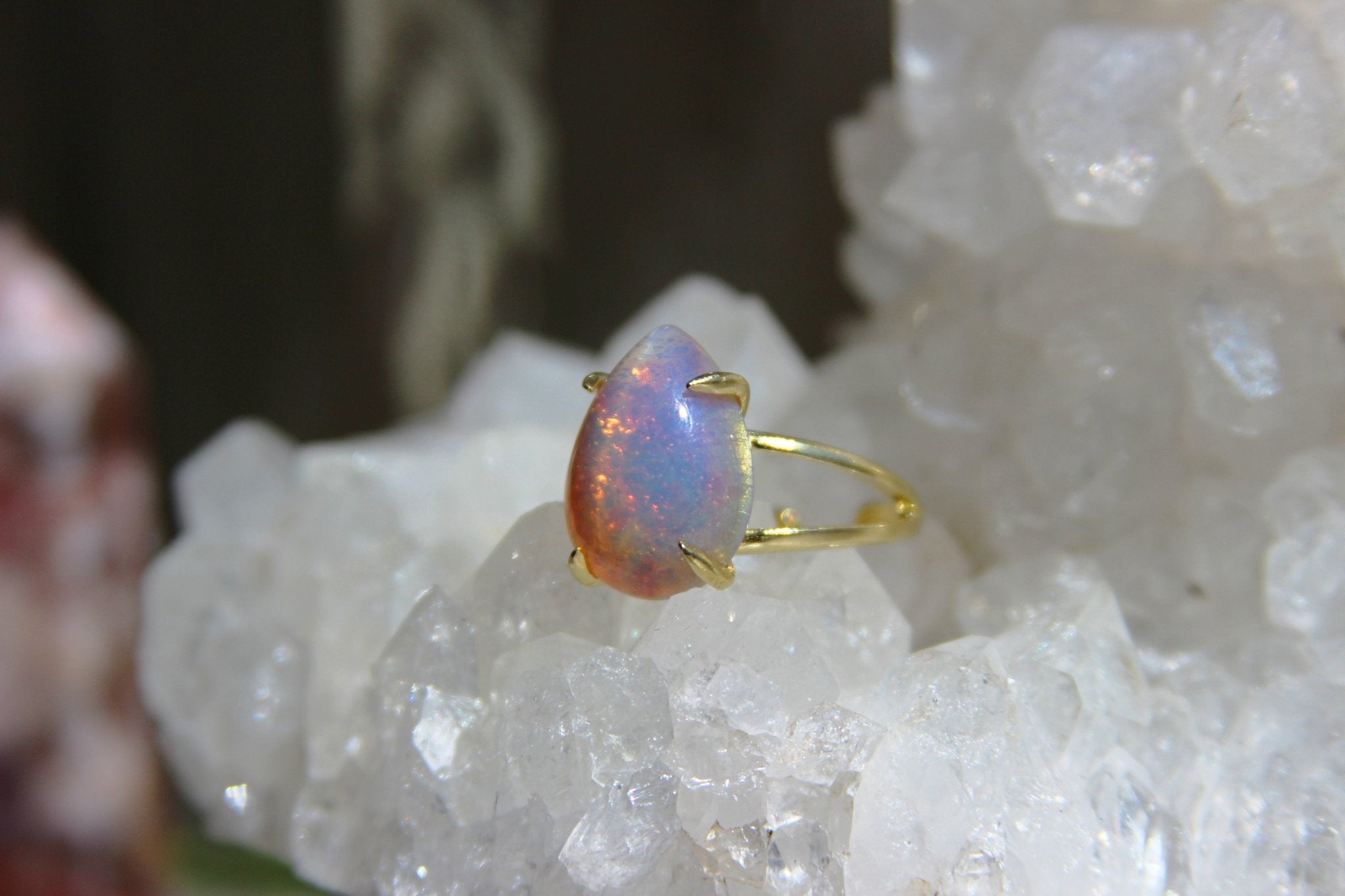 Vintage Pink Glass Brass Opal Ring - We Love Brass