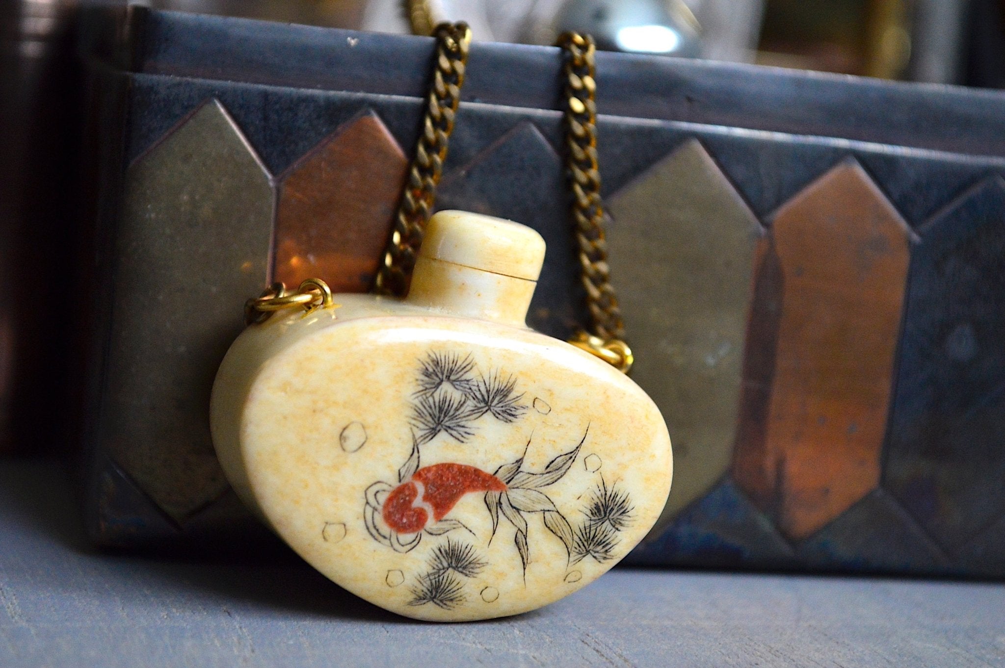 Vintage Scrimshaw Coi Fish Bottle - We Love Brass