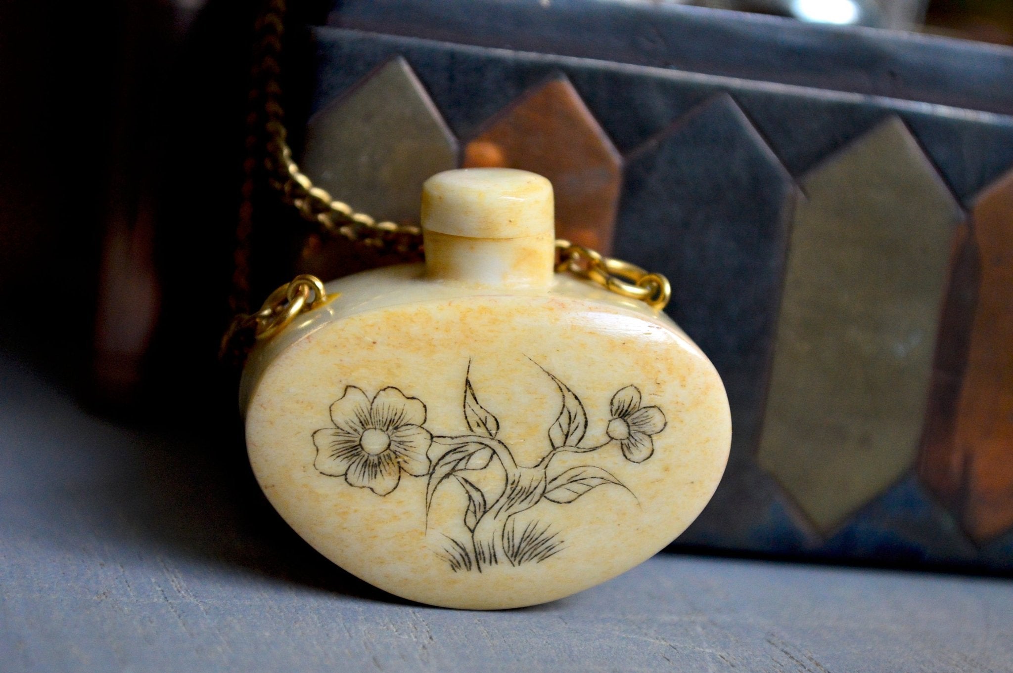 Vintage Scrimshaw Coi Fish Bottle - We Love Brass